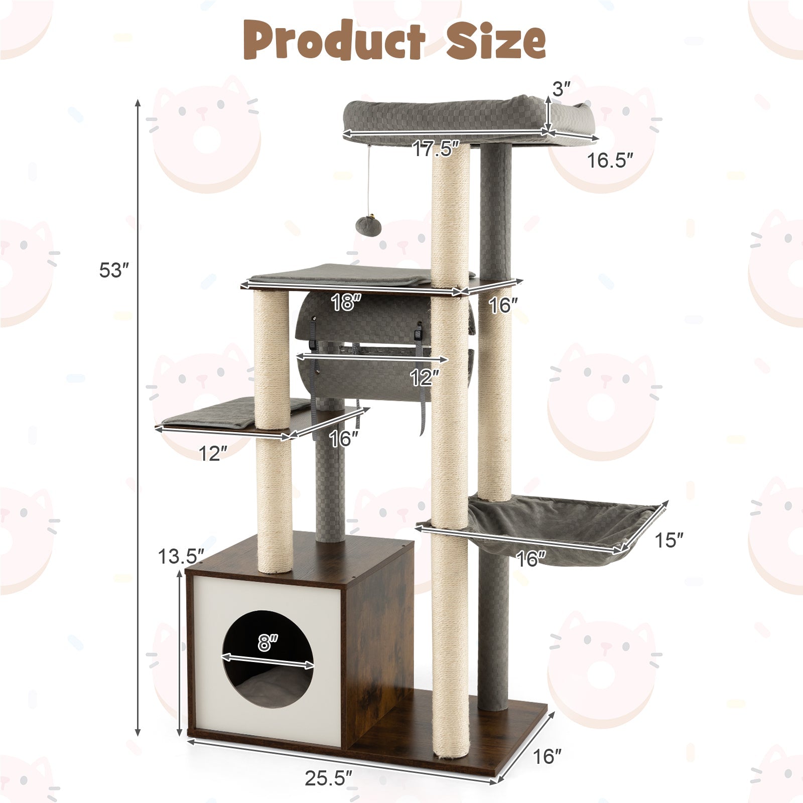 53 Inch Cat Tree with Condo and Swing Tunnel