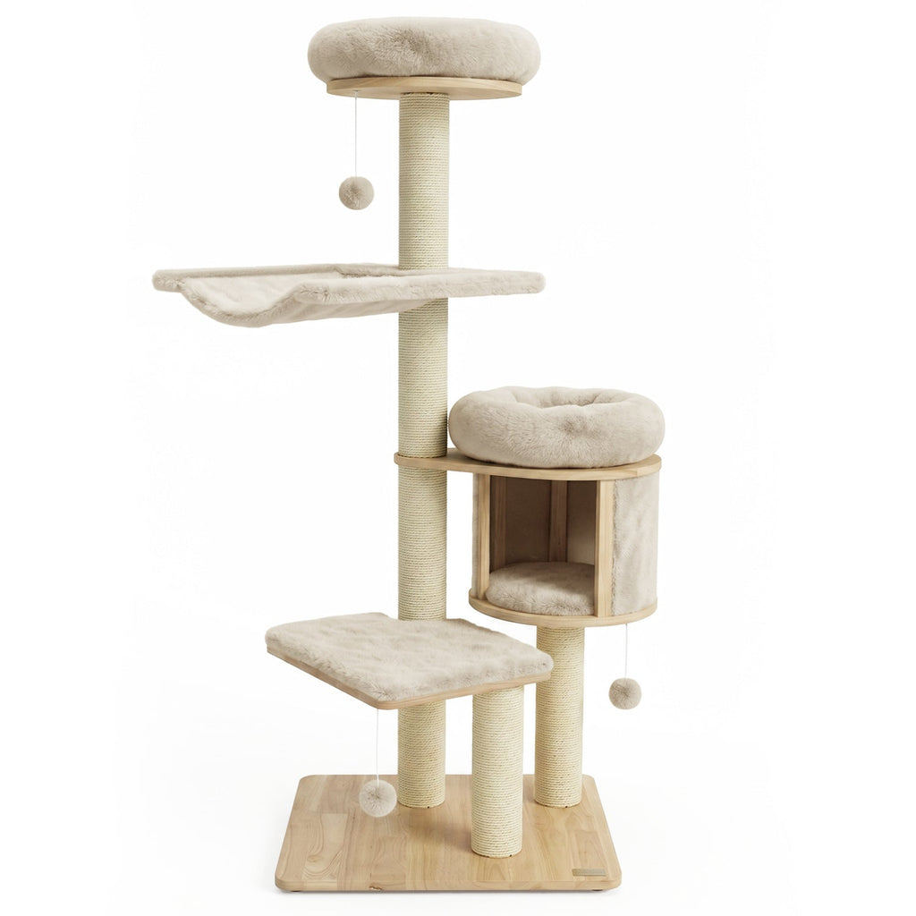 55" Solid Rubber Wood Cat Tree with Condo & Hammock Natural Beige