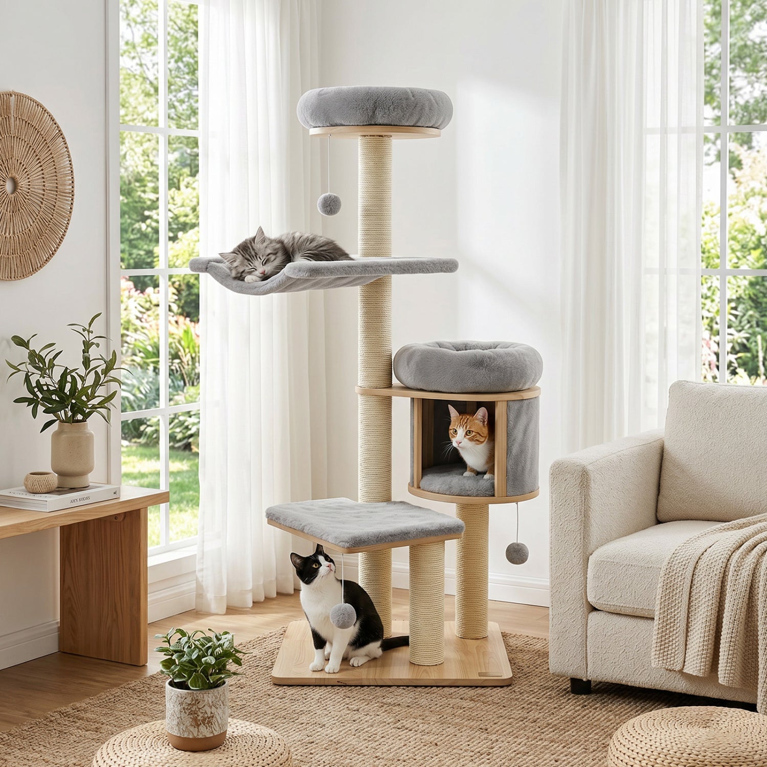 55" Solid Rubber Wood Cat Tree with Condo & Hammock