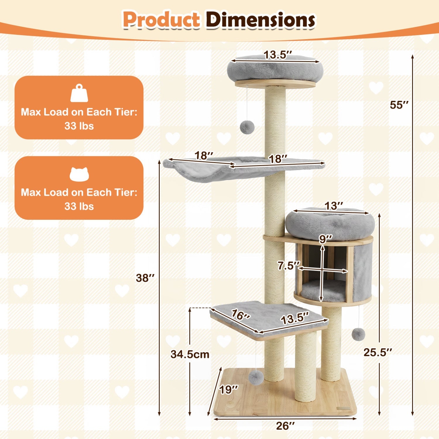 55" Solid Rubber Wood Cat Tree with Condo & Hammock