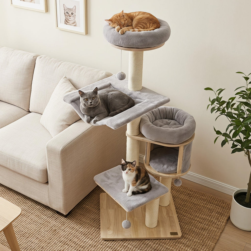 55" Solid Rubber Wood Cat Tree with Condo & Hammock