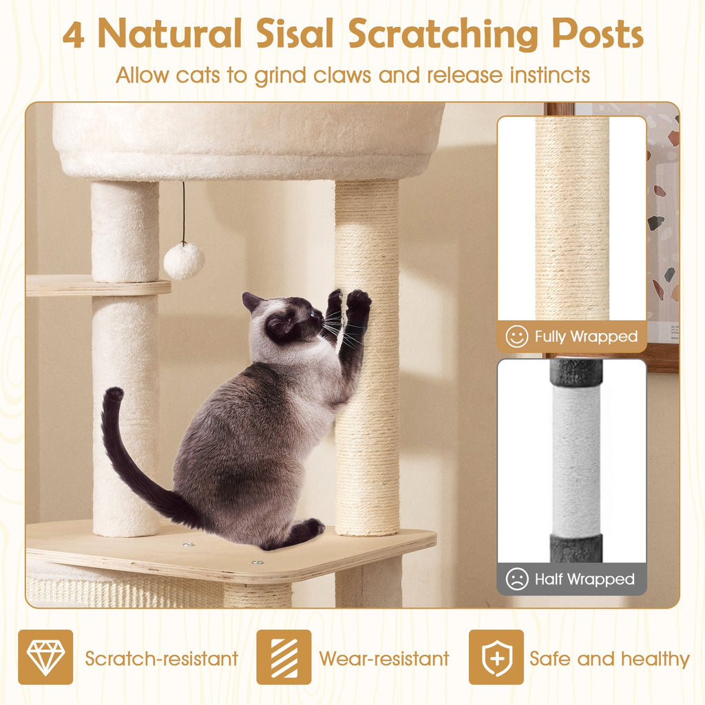 56 Inch Tall Cat Tree with 2 Sisal Scratching Posts and Ladder-NA