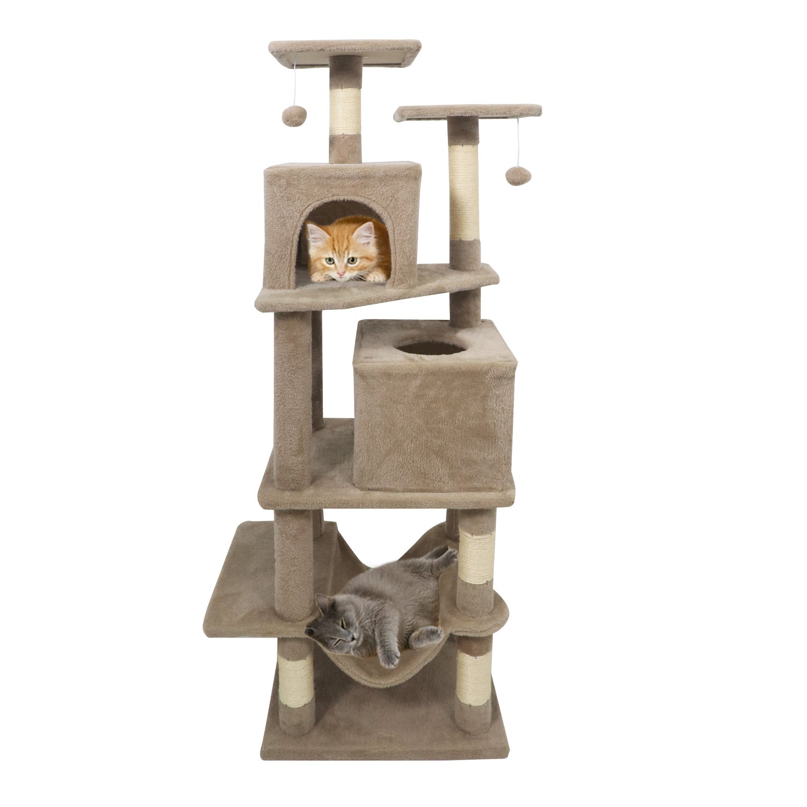 57 Inch Cat Tree with Dual Condos and Hammock and 2 Dangling Balls