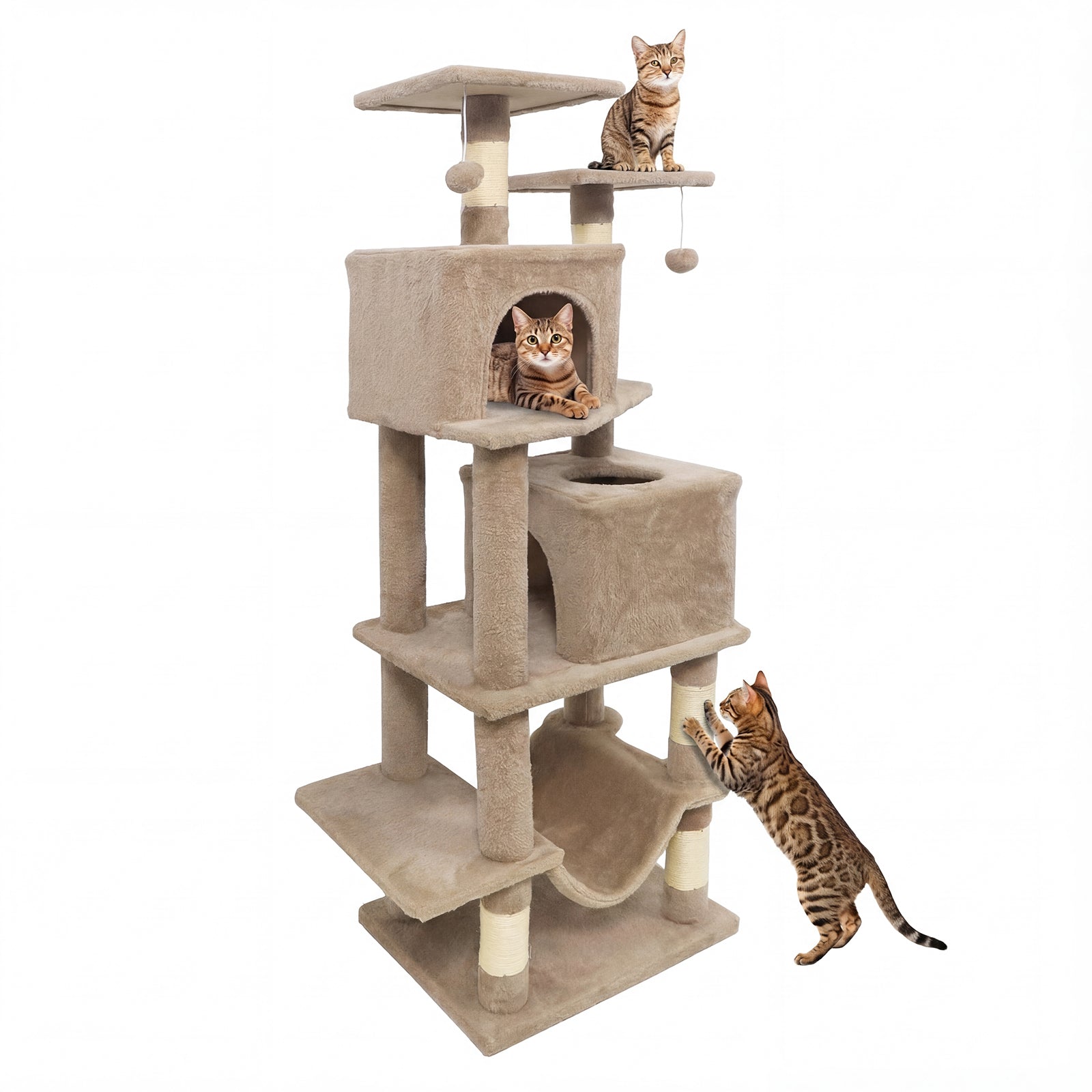 57 Inch Cat Tree with Dual Condos and Hammock and 2 Dangling Balls Coffee