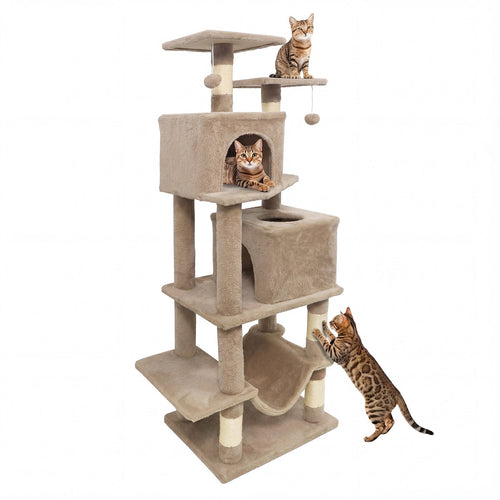 57 Inch Cat Tree with Dual Condos and Hammock and 2 Dangling Balls Coffee