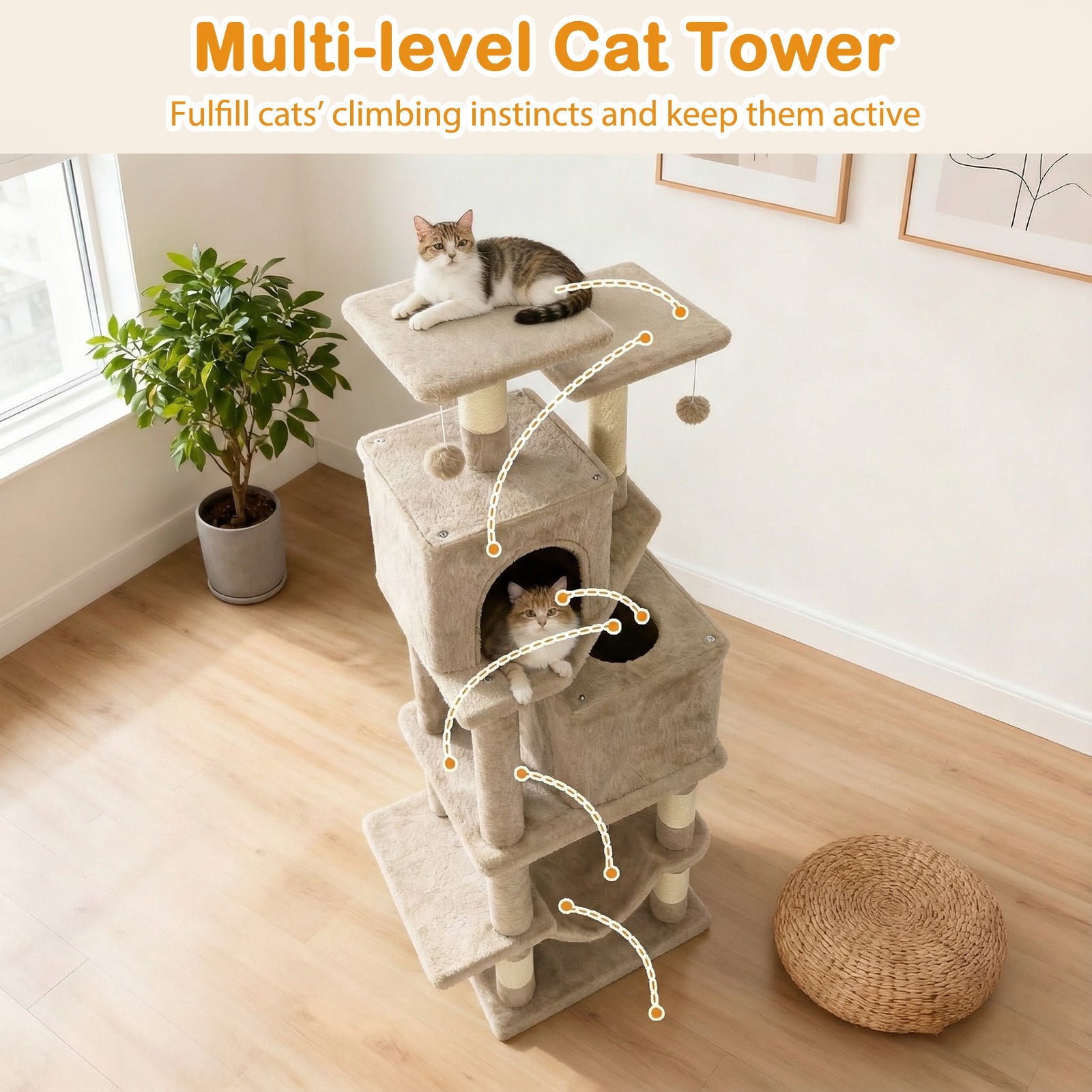 57 Inch Cat Tree with Dual Condos and Hammock and 2 Dangling Balls