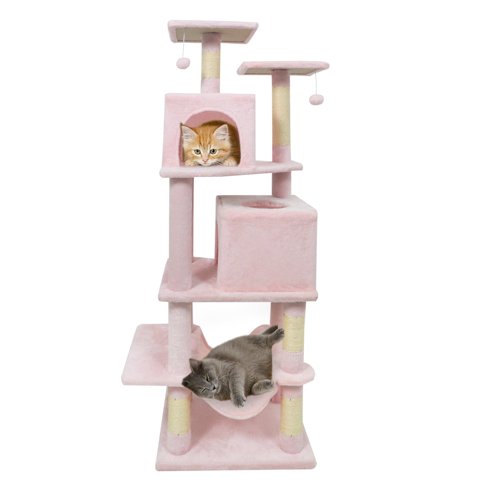 57 Inch Cat Tree with Dual Condos and Hammock and 2 Dangling Balls