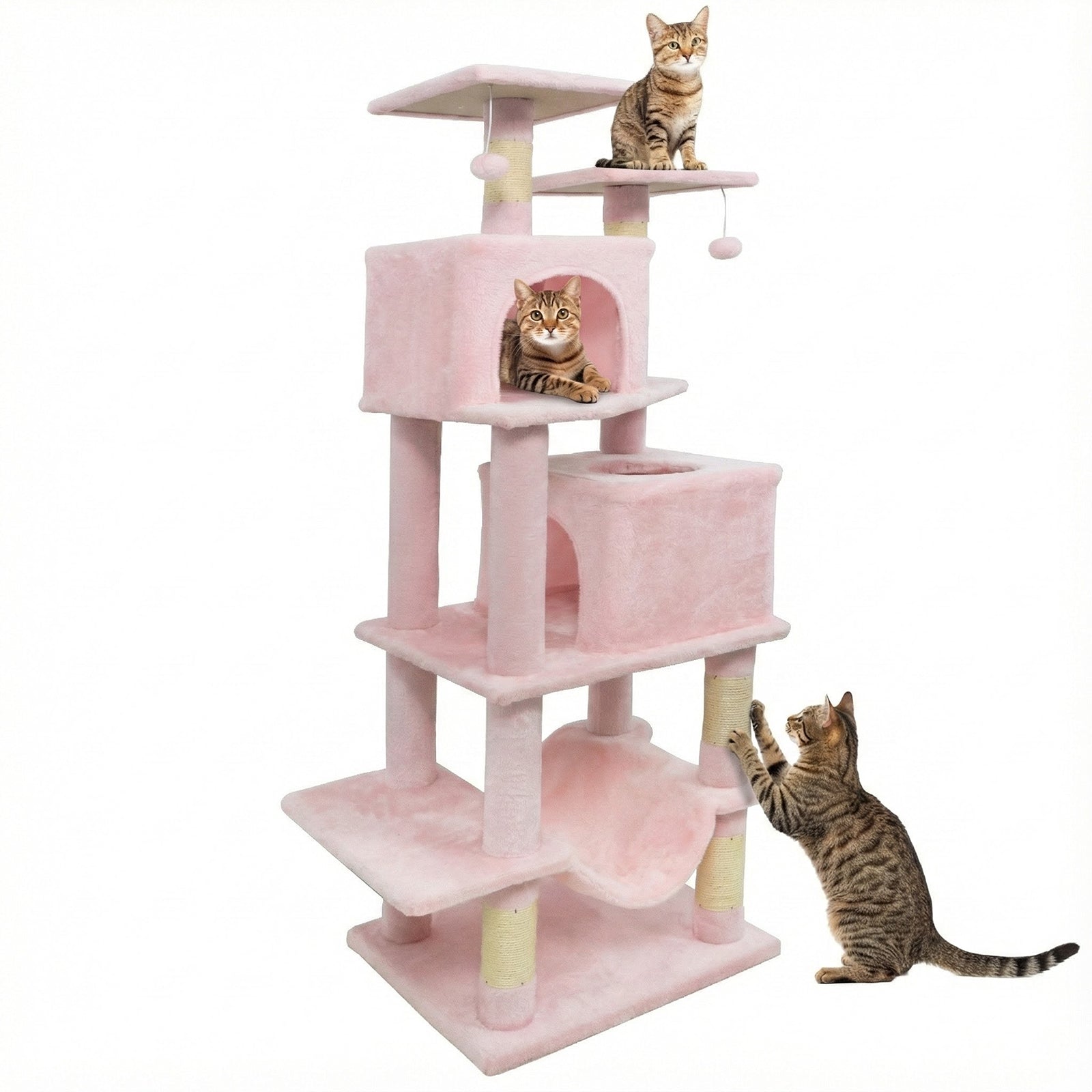 57 Inch Cat Tree with Dual Condos and Hammock and 2 Dangling Balls Pink