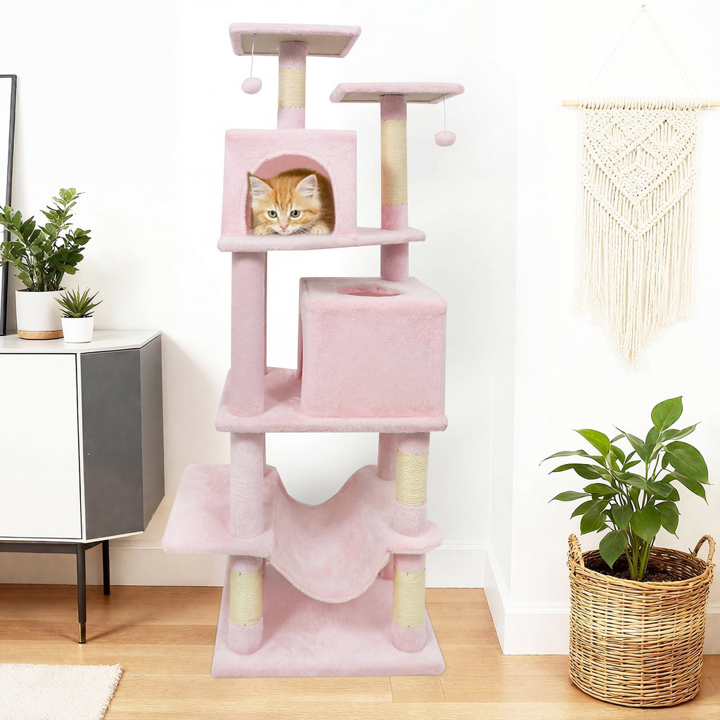 57 Inch Cat Tree with Dual Condos and Hammock and 2 Dangling Balls