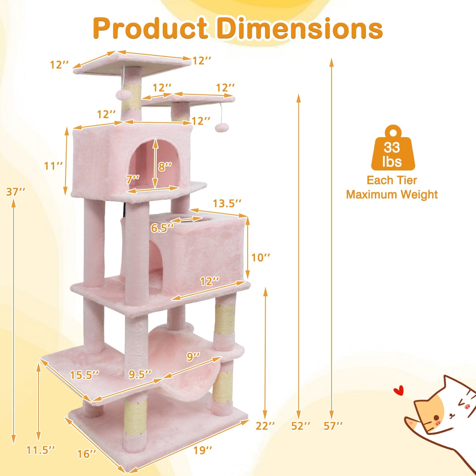 57 Inch Cat Tree with Dual Condos and Hammock and 2 Dangling Balls