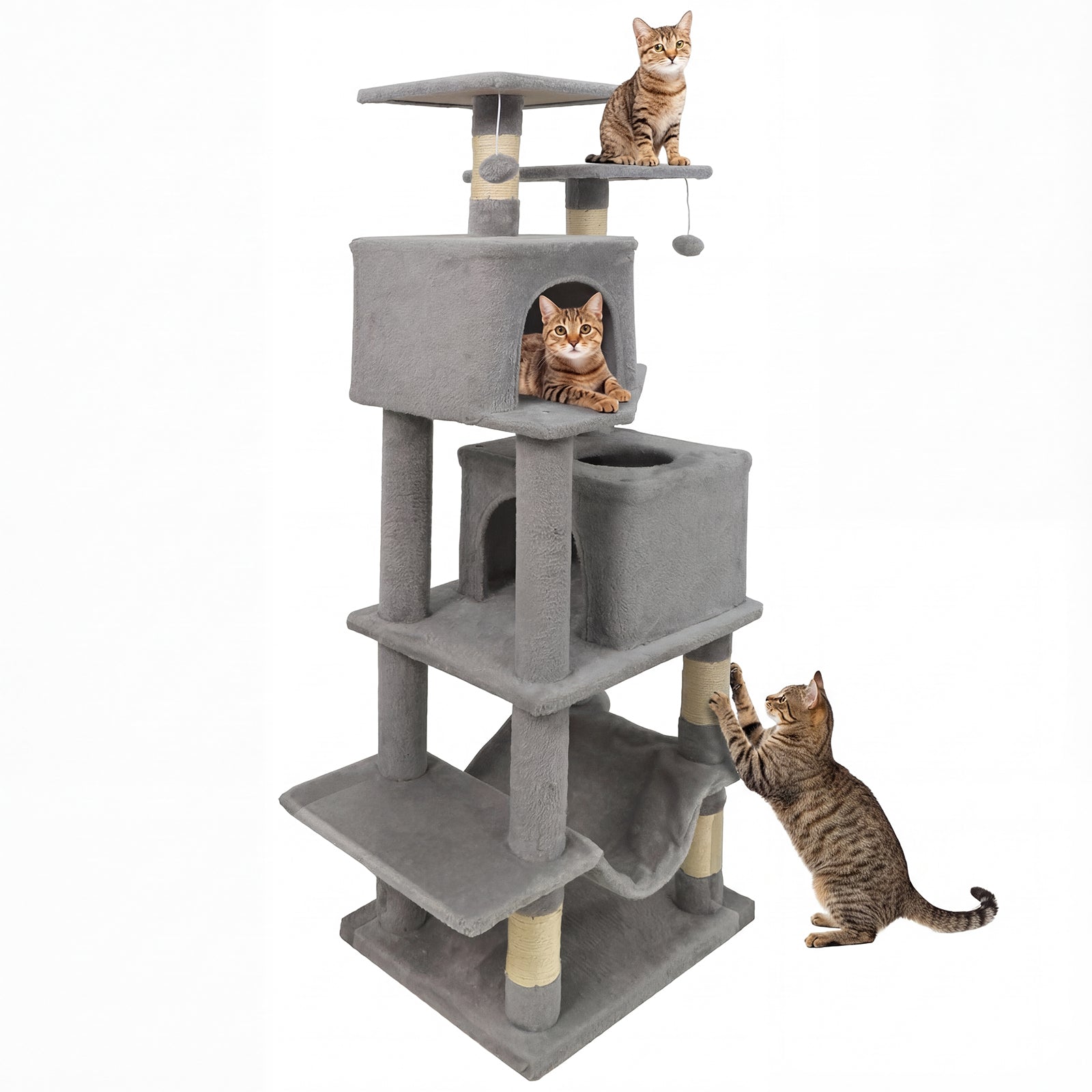 57 Inch Cat Tree with Dual Condos and Hammock and 2 Dangling Balls Light Gray