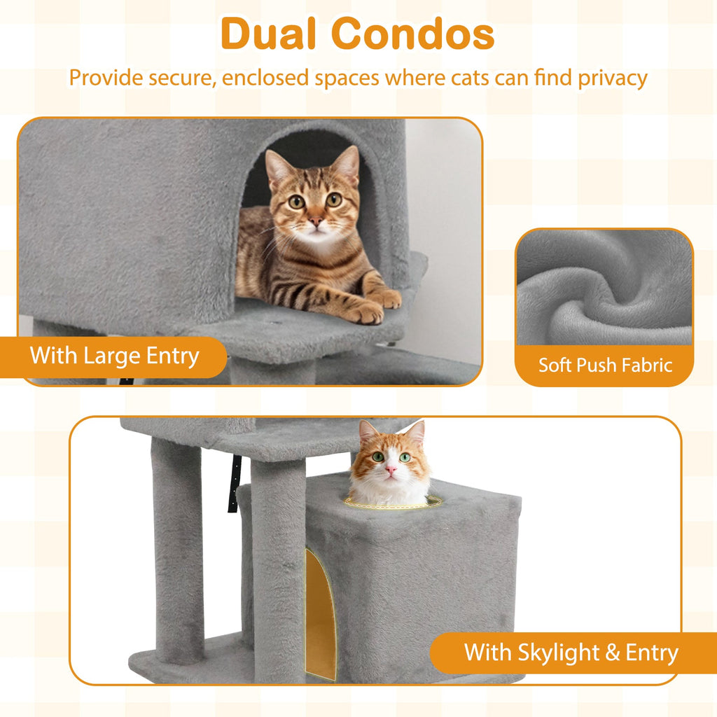 57 Inch Cat Tree with Dual Condos and Hammock and 2 Dangling Balls