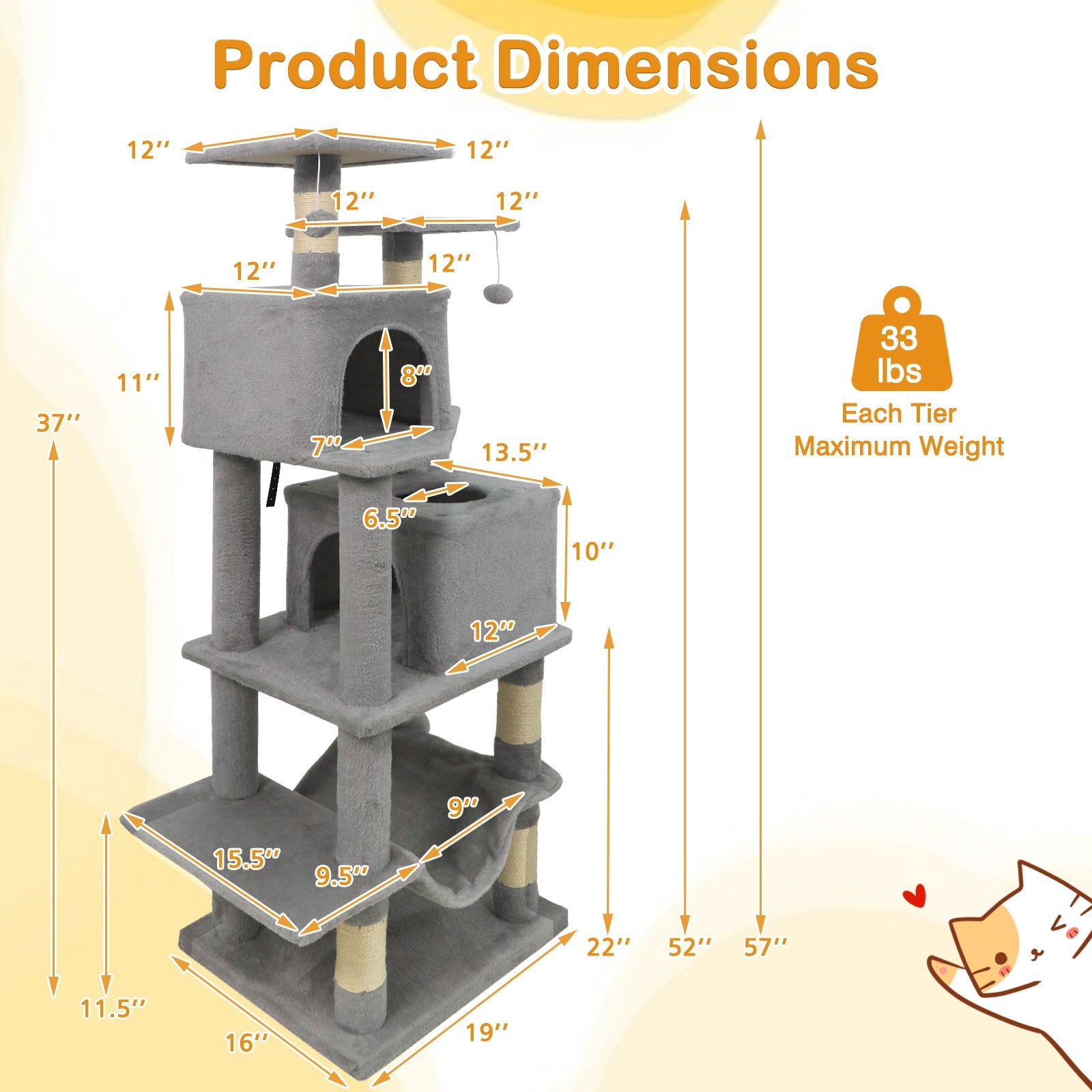 57 Inch Cat Tree with Dual Condos and Hammock and 2 Dangling Balls