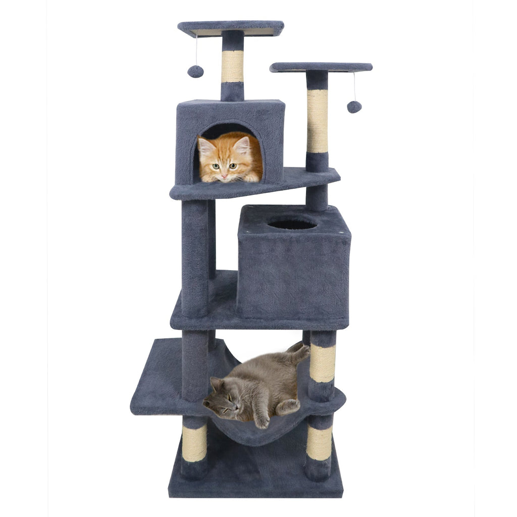 57 Inch Cat Tree with Dual Condos and Hammock and 2 Dangling Balls