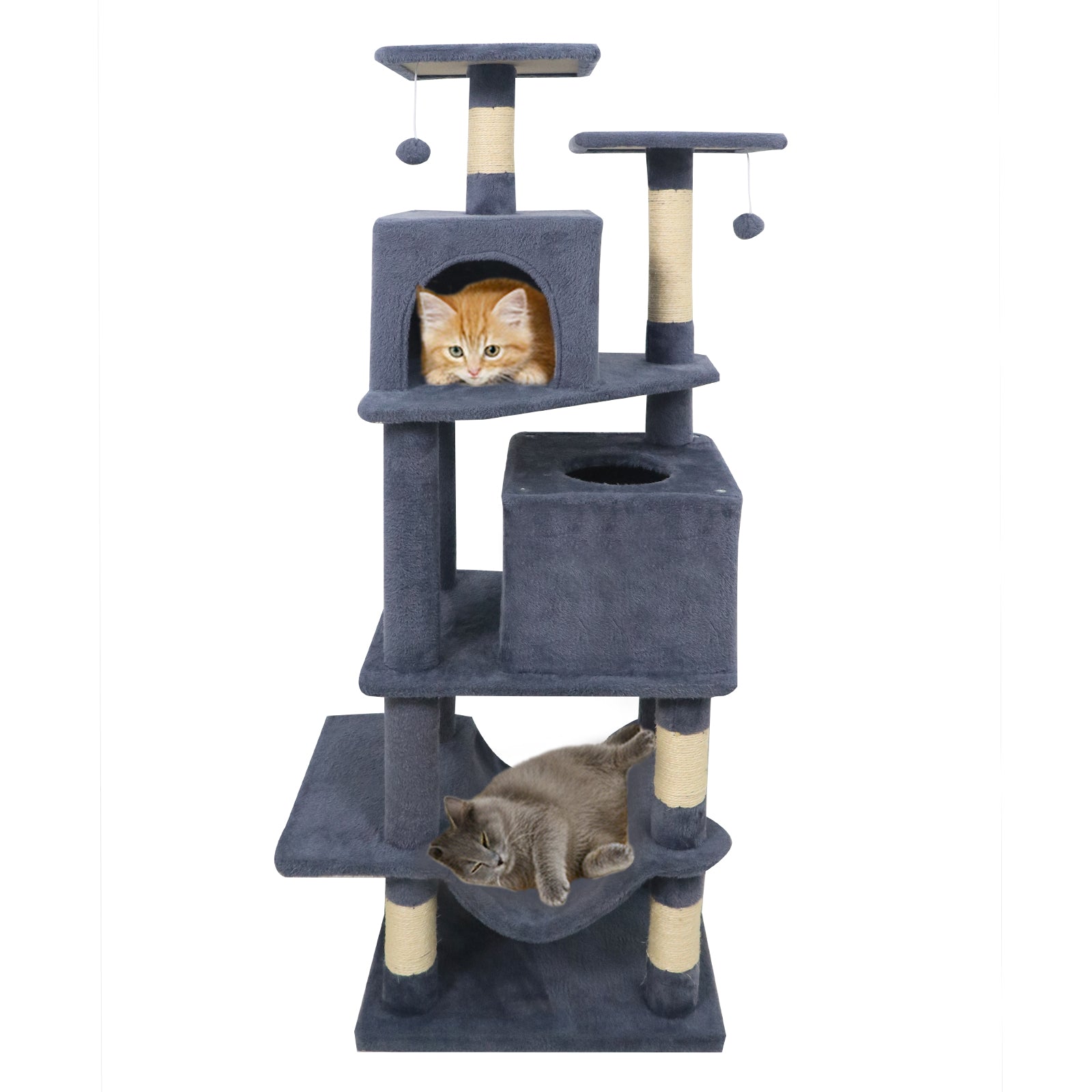 57 Inch Cat Tree with Dual Condos and Hammock and 2 Dangling Balls