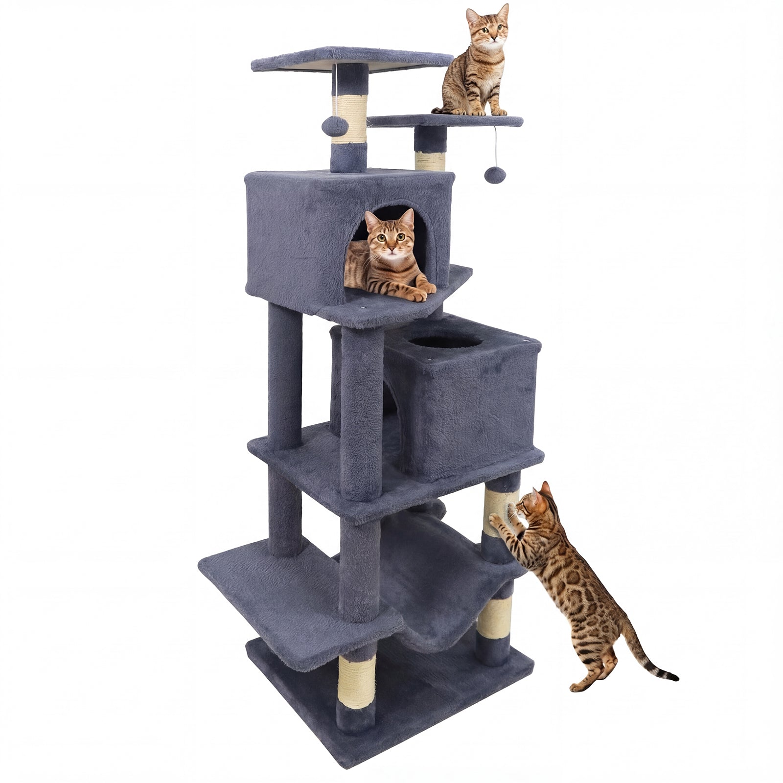 57 Inch Cat Tree with Dual Condos and Hammock and 2 Dangling Balls Gray