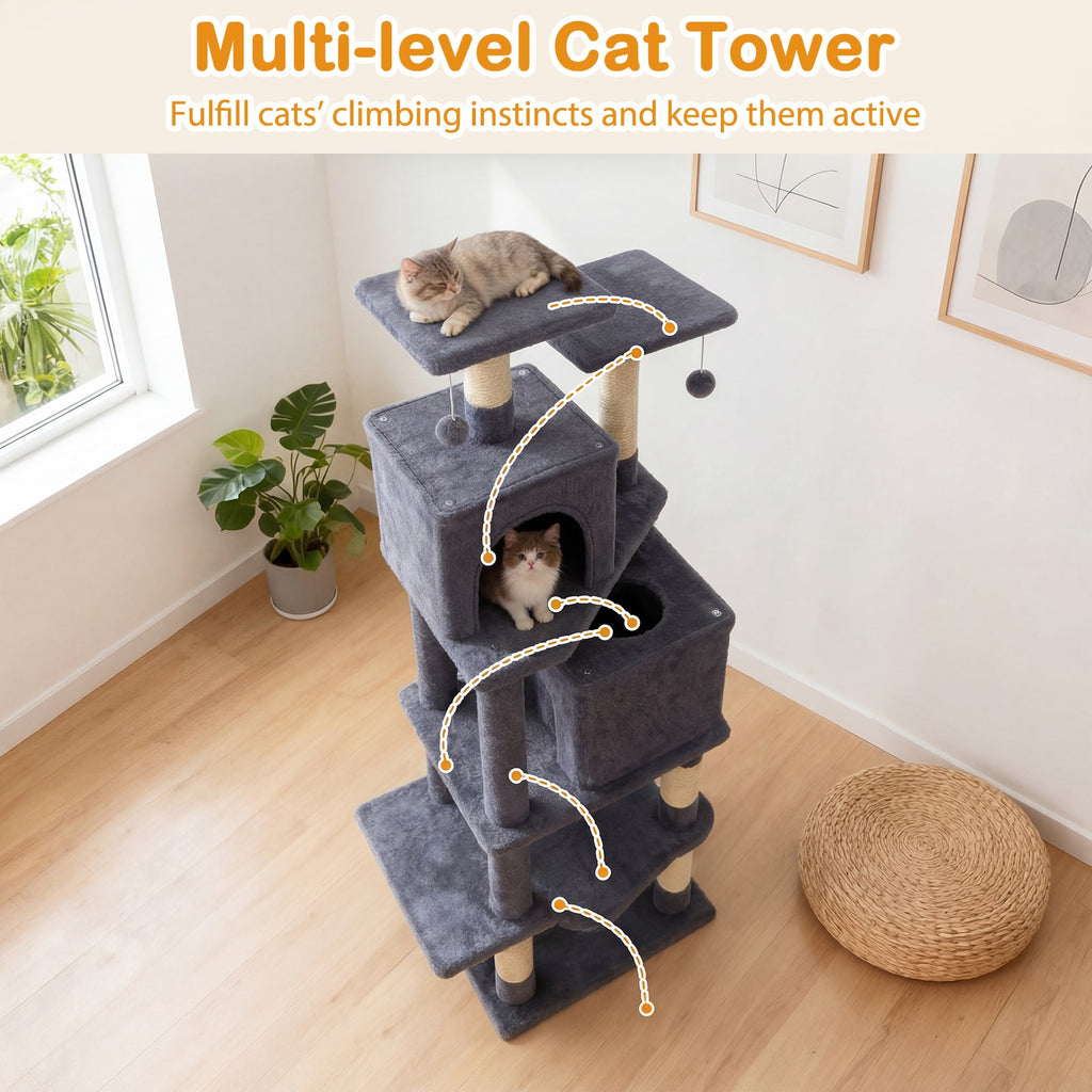 57 Inch Cat Tree with Dual Condos and Hammock and 2 Dangling Balls