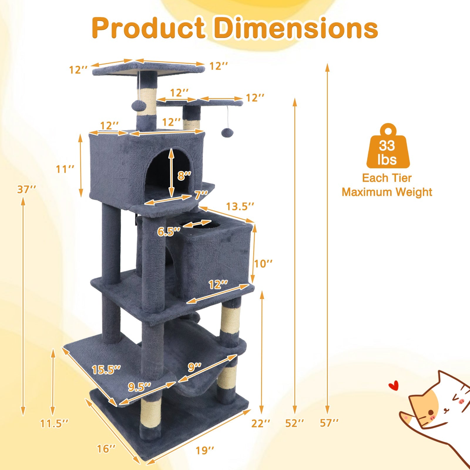 57 Inch Cat Tree with Dual Condos and Hammock and 2 Dangling Balls