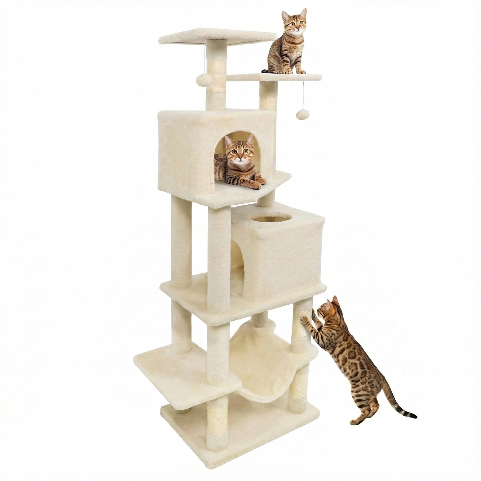 57 Inch Cat Tree with Dual Condos and Hammock and 2 Dangling Balls Beige