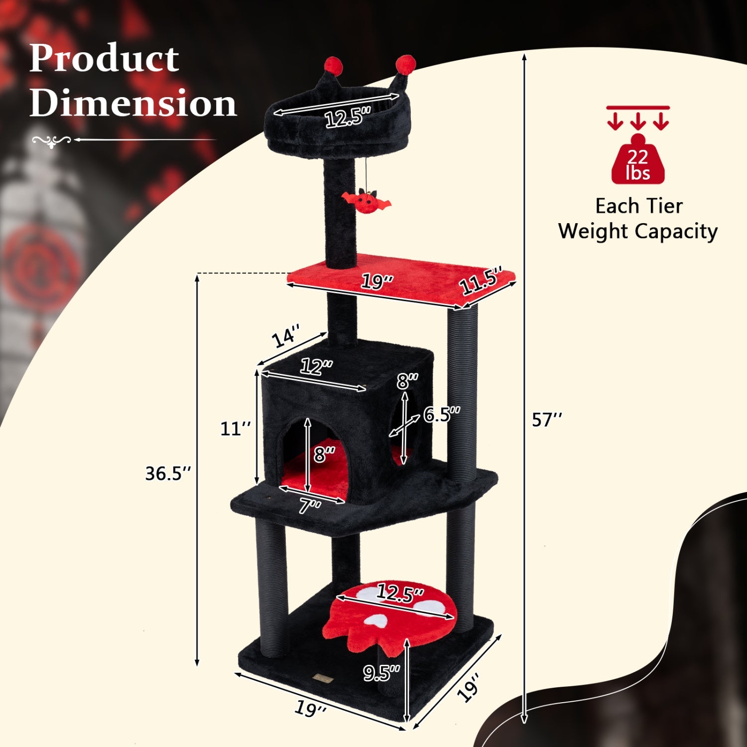 57" Gothic Cat Tower with Padded Perch and Spider Toy