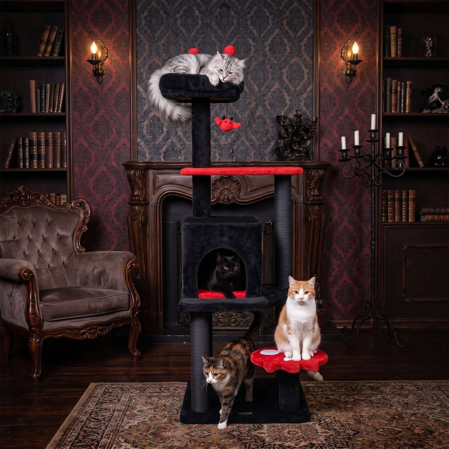 57" Gothic Cat Tower with Padded Perch and Spider Toy
