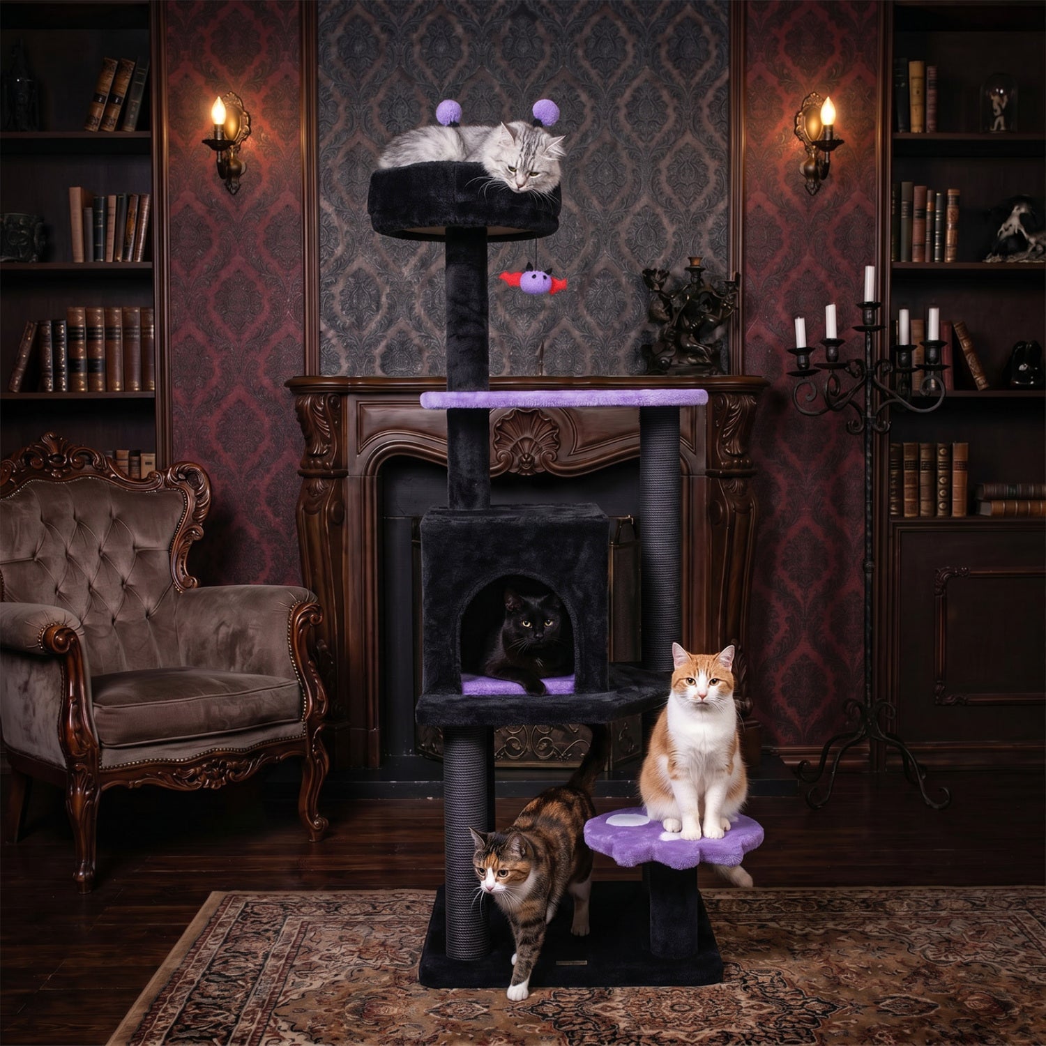 57" Gothic Cat Tower with Padded Perch and Spider Toy
