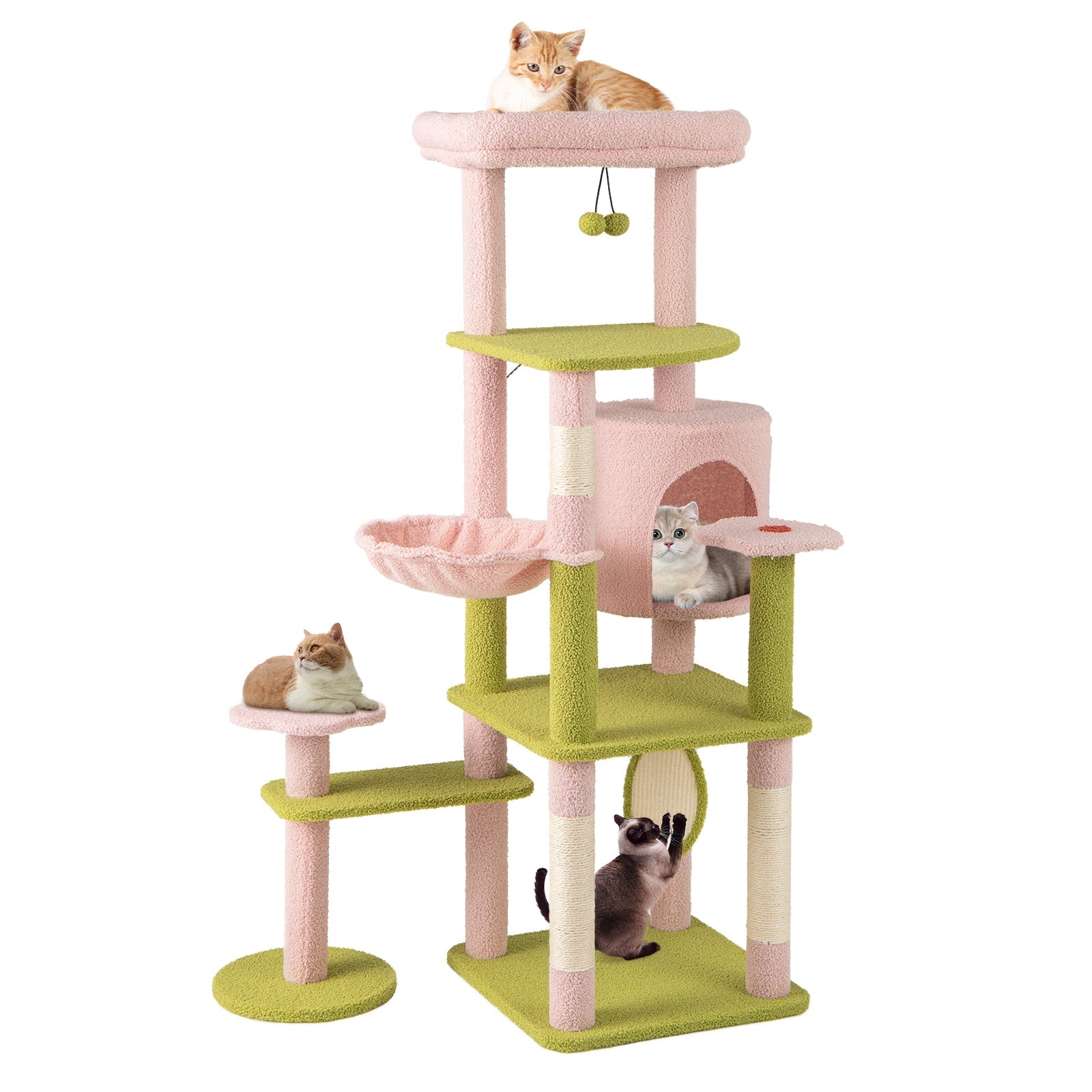 58 Inch Tall Multi-Level Cat Tree Aesthetic Floral Kitten Tower-Pink Default Title