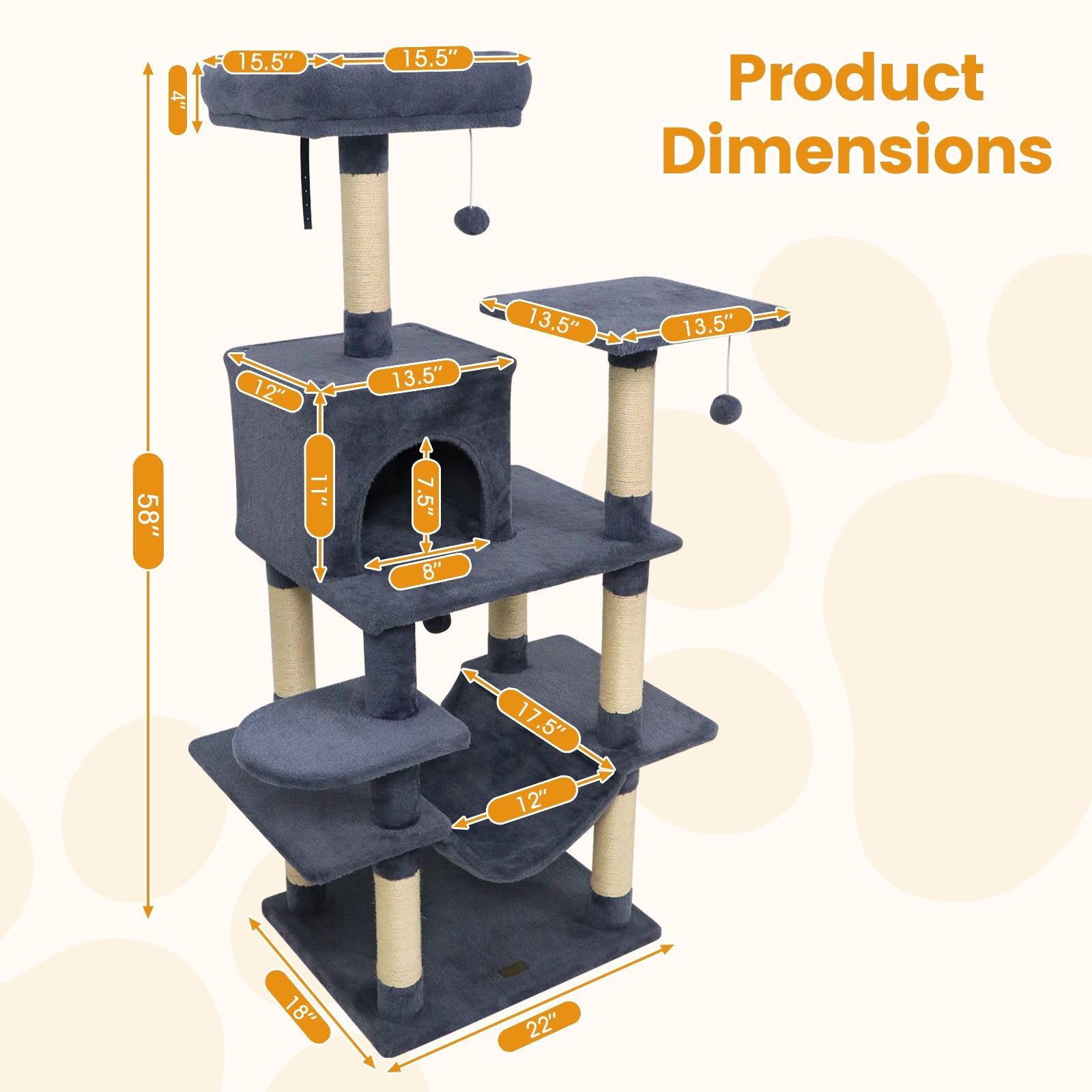 58" Multi-Level Cat Tree Soft Plush Cat Tower with Padded Top Perch