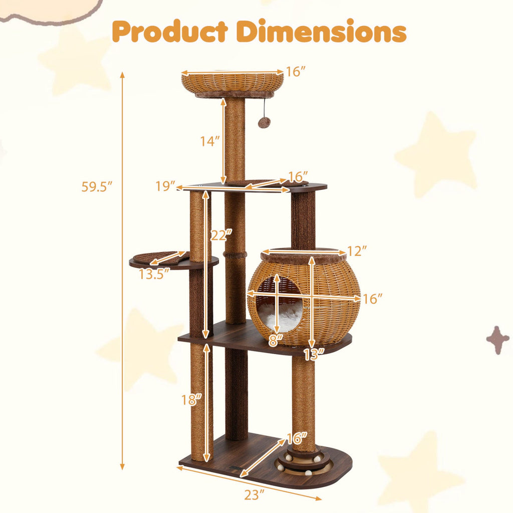 59.5 Inch Cat Tree Multi-Level Cat Tower with PE Rattan Cat Condo and Top Perch