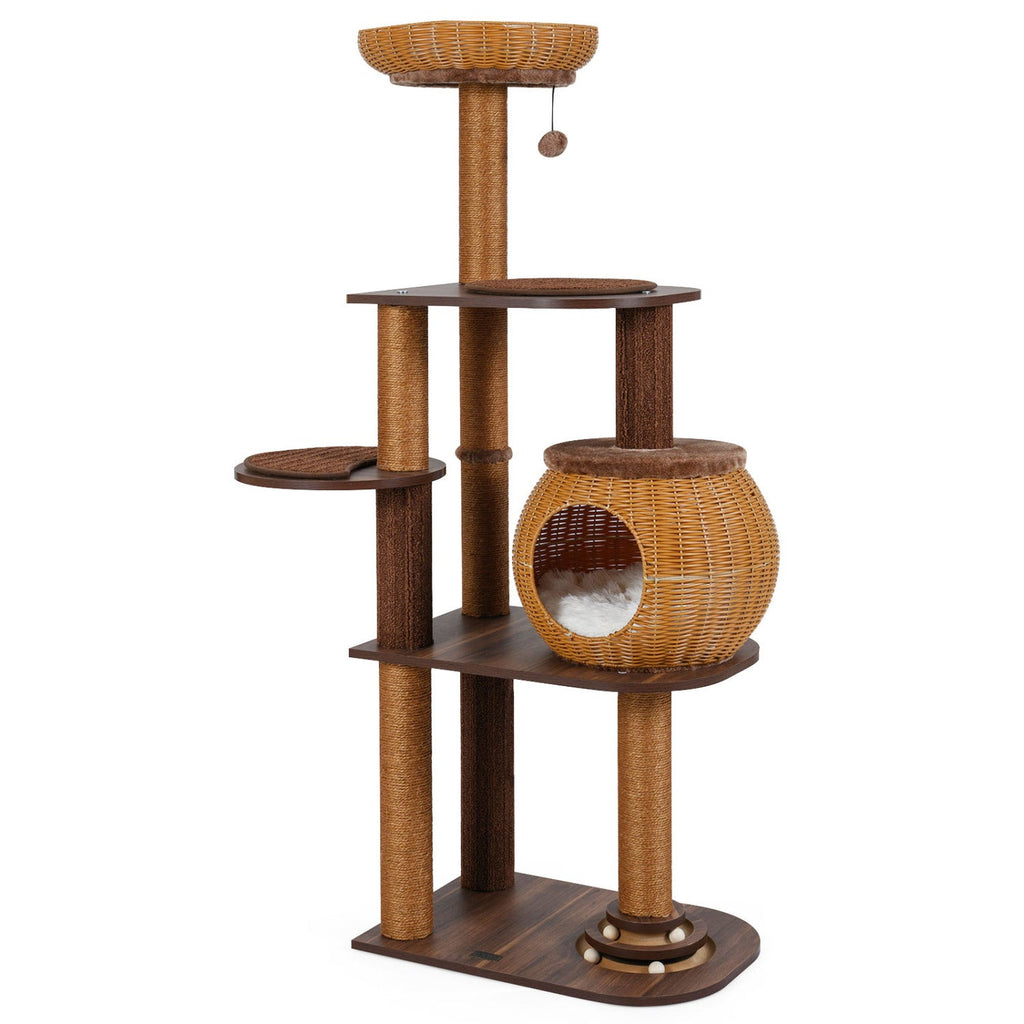 59.5 Inch Cat Tree Multi-Level Cat Tower with PE Rattan Cat Condo and Top Perch