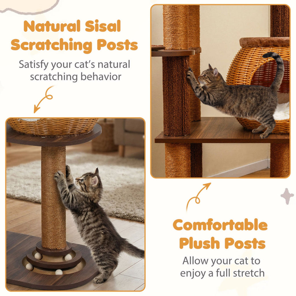 59.5 Inch Cat Tree Multi-Level Cat Tower with PE Rattan Cat Condo and Top Perch