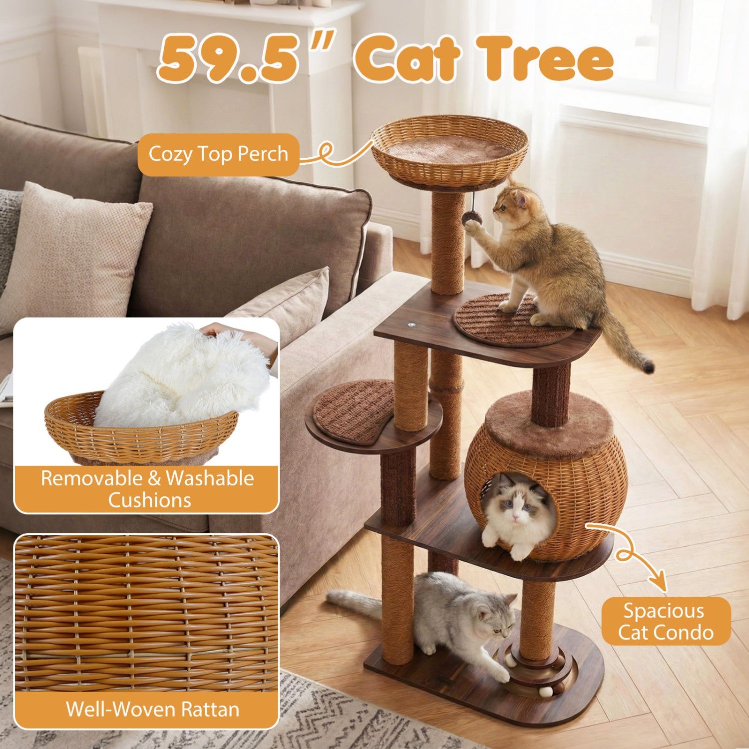 59.5 Inch Cat Tree Multi-Level Cat Tower with PE Rattan Cat Condo and Top Perch