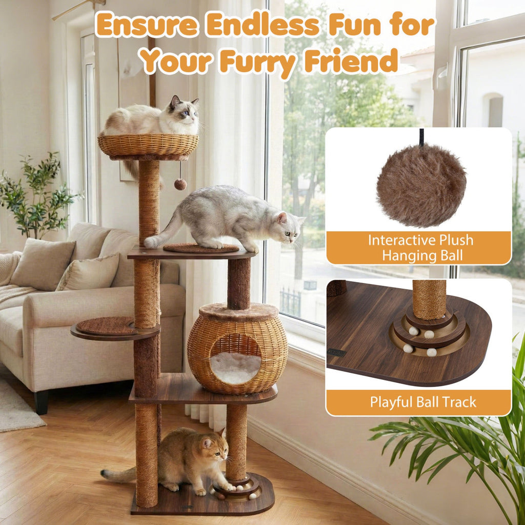 59.5 Inch Cat Tree Multi-Level Cat Tower with PE Rattan Cat Condo and Top Perch