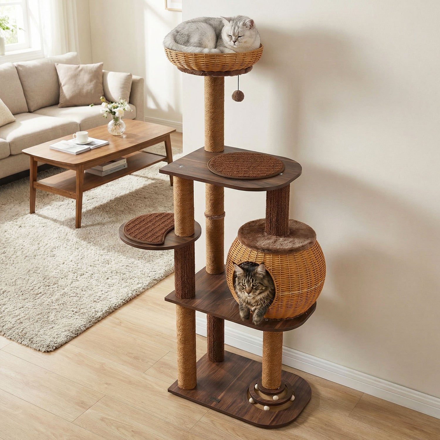 59.5 Inch Cat Tree Multi-Level Cat Tower with PE Rattan Cat Condo and Top Perch