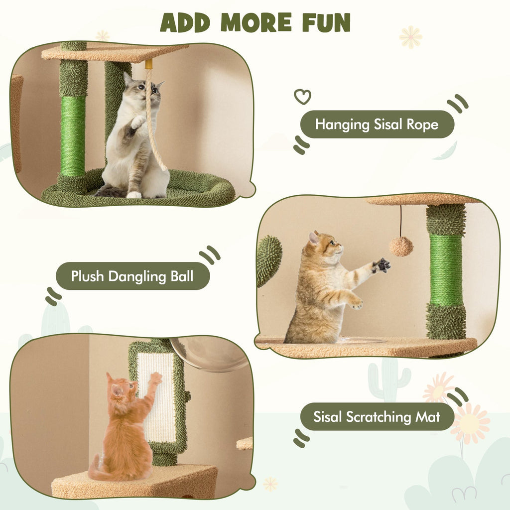 59 Inch Multilevel Cactus Cat Tree with Scratching Posts Cando Toy and Rope-Green