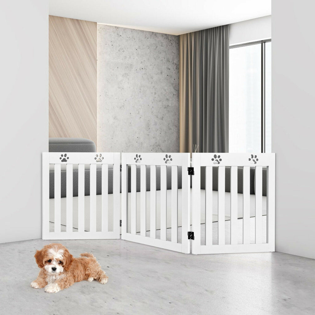 24 Inch Folding Wooden Freestanding Dog Gate with 360¬∞ Flexible Hinge for Pet
