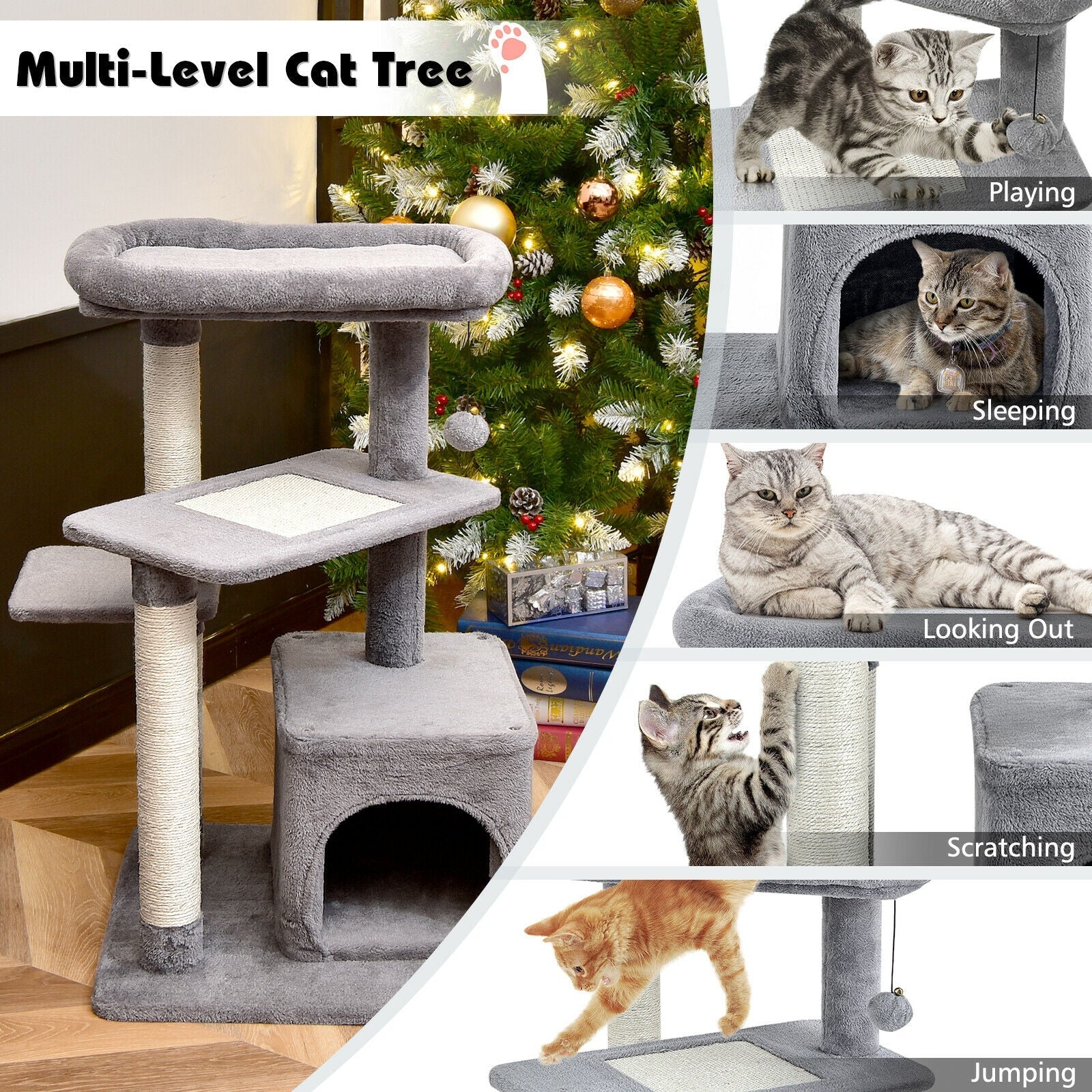 Cat Tree with Perch and Hanging Ball for Indoor Activity Play and Rest