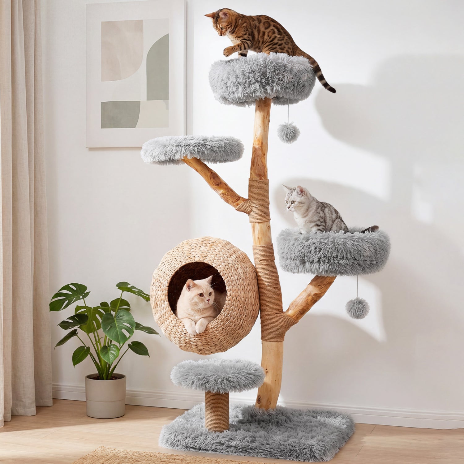 5-Tier Wooden Cat Tree with Woven Condo Plush Perches Jute Posts & Balls