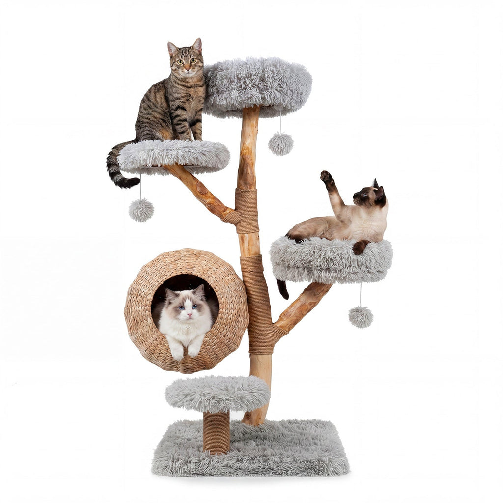 5-Tier Wooden Cat Tree with Woven Condo Plush Perches Jute Posts & Balls Gray