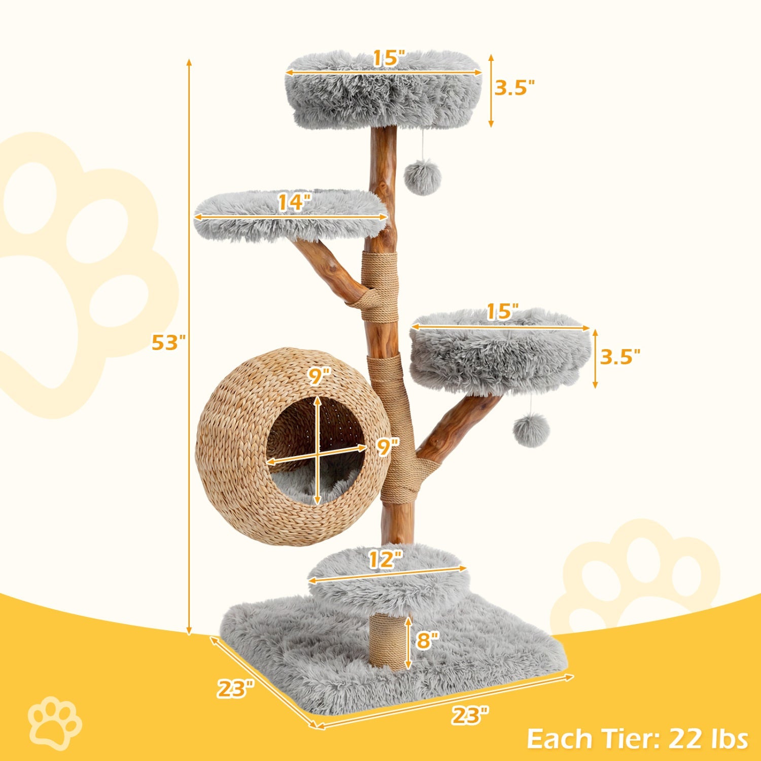 5-Tier Wooden Cat Tree with Woven Condo Plush Perches Jute Posts & Balls