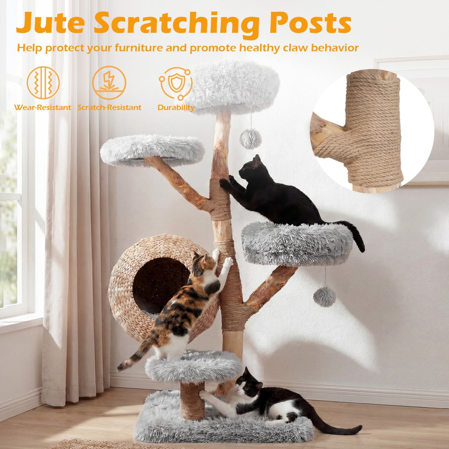 5-Tier Wooden Cat Tree with Woven Condo Plush Perches Jute Posts & Balls