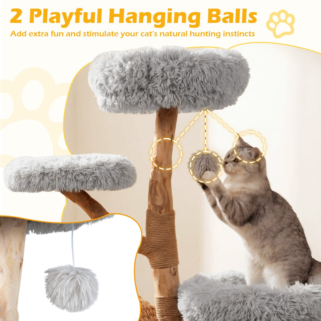 5-Tier Wooden Cat Tree with Woven Condo Plush Perches Jute Posts & Balls