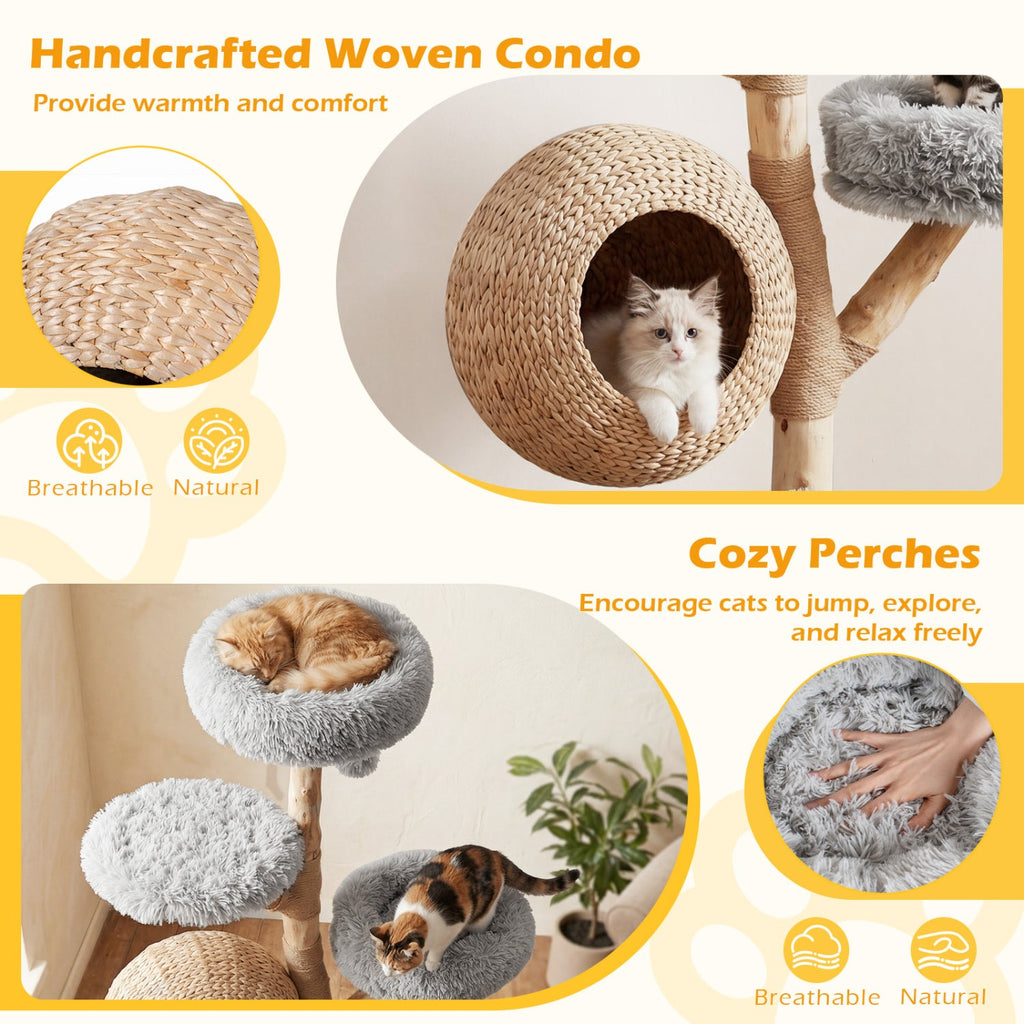 5-Tier Wooden Cat Tree with Woven Condo Plush Perches Jute Posts & Balls