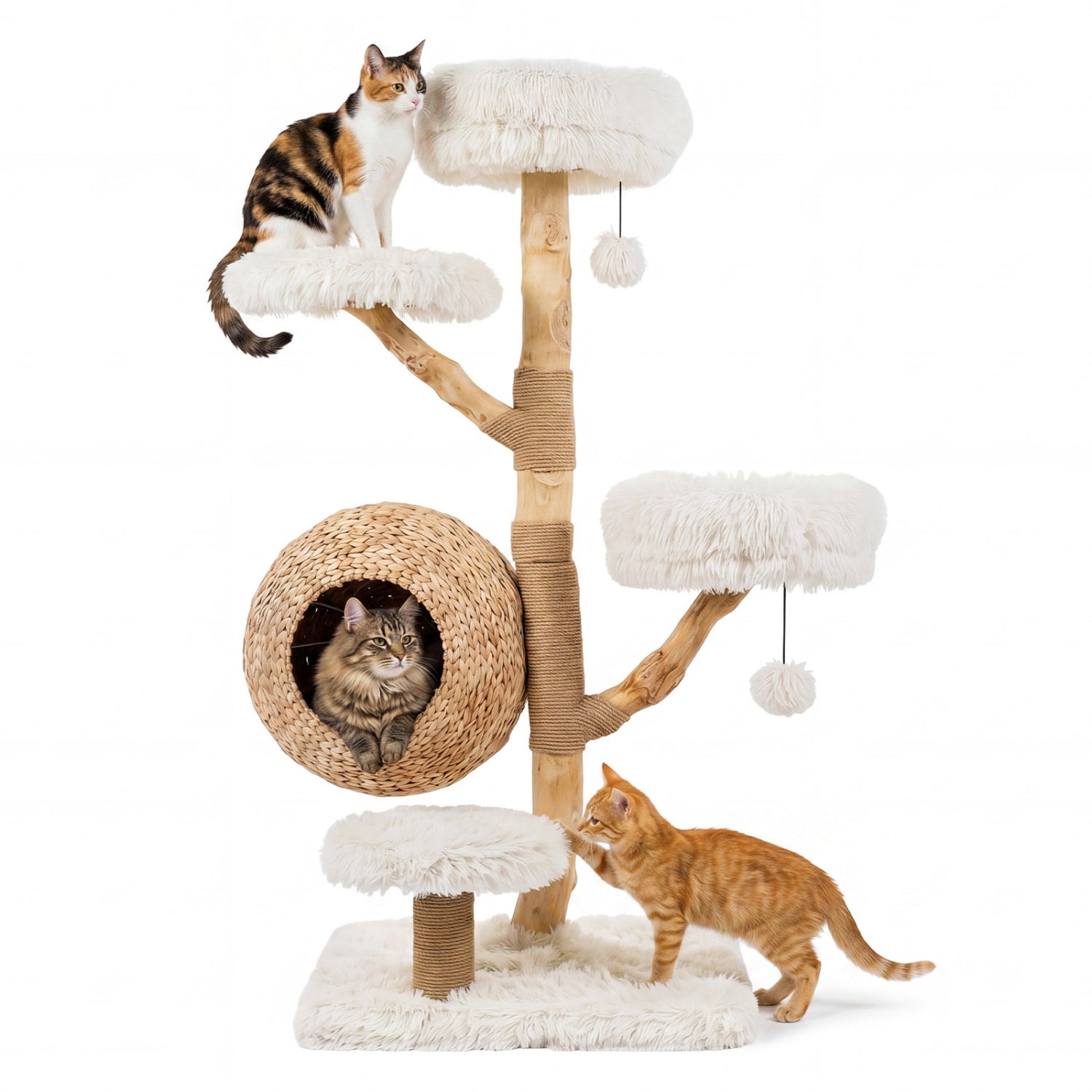 5-Tier Wooden Cat Tree with Woven Condo Plush Perches Jute Posts & Balls White