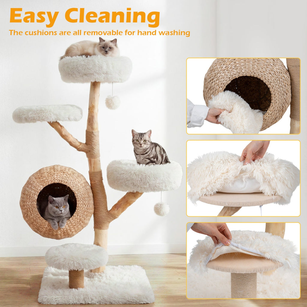 5-Tier Wooden Cat Tree with Woven Condo Plush Perches Jute Posts & Balls