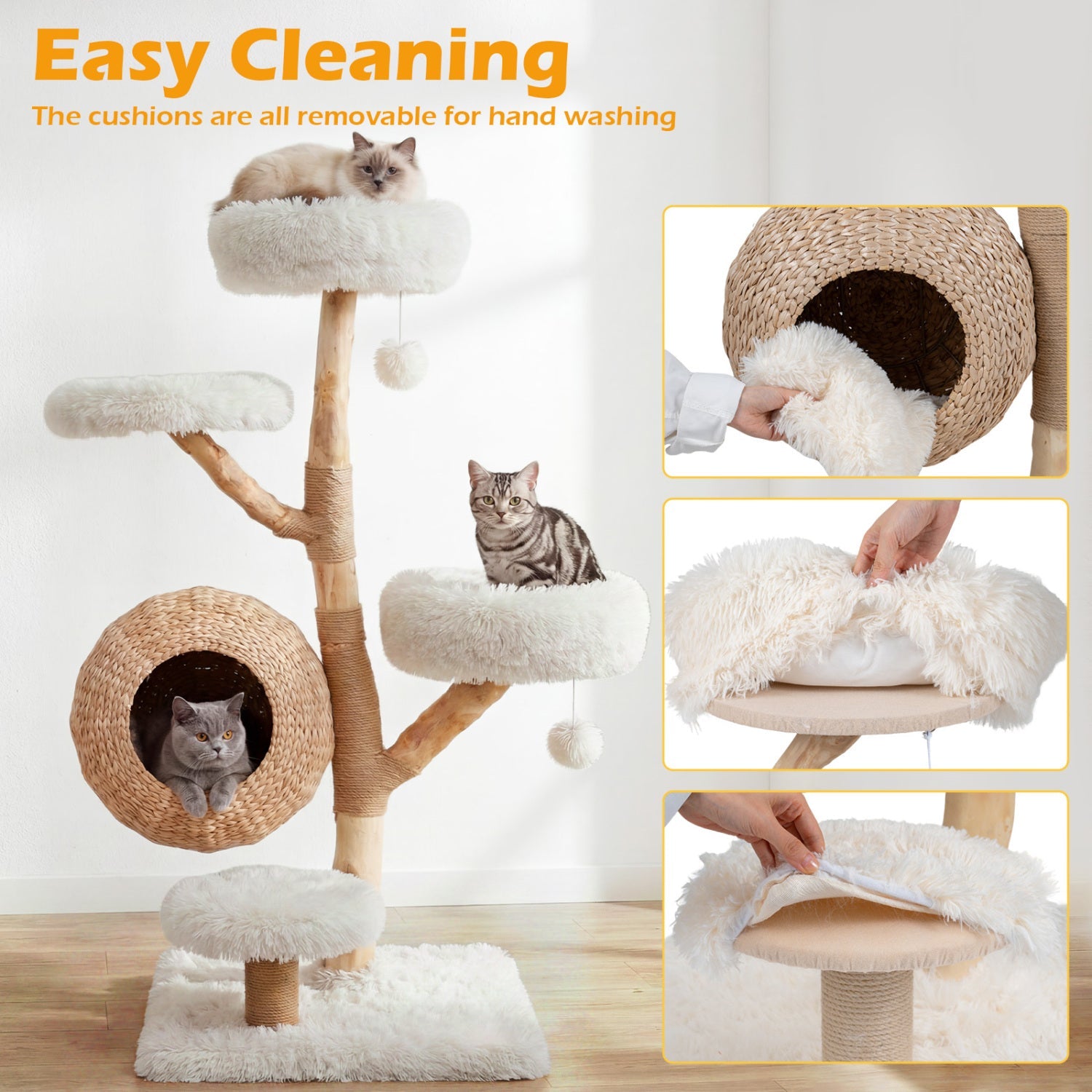 5-Tier Wooden Cat Tree with Woven Condo Plush Perches Jute Posts & Balls