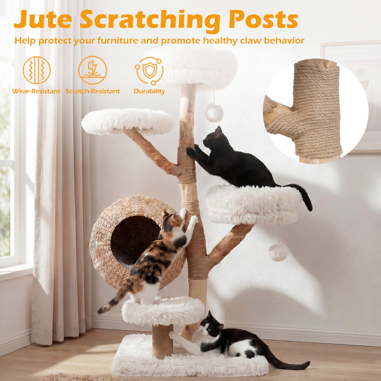 5-Tier Wooden Cat Tree with Woven Condo Plush Perches Jute Posts & Balls