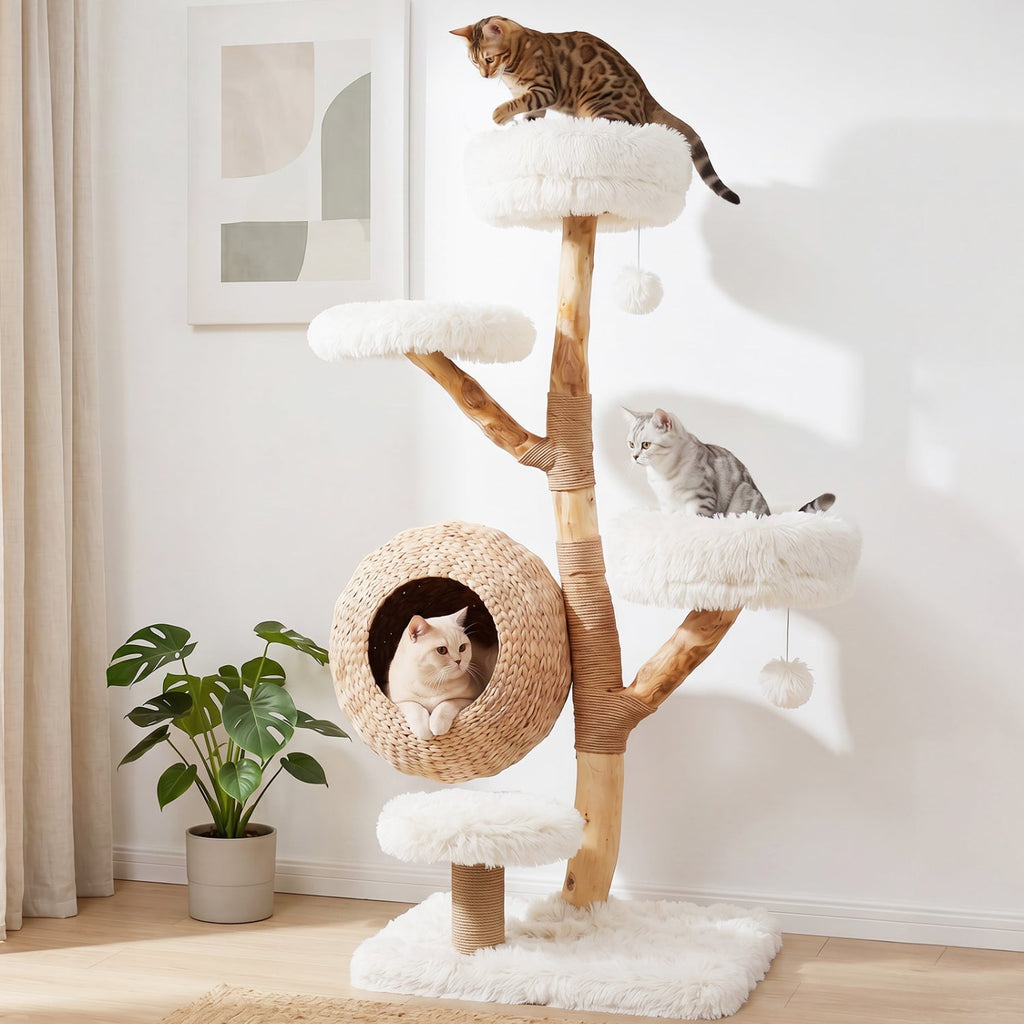 5-Tier Wooden Cat Tree with Woven Condo Plush Perches Jute Posts & Balls