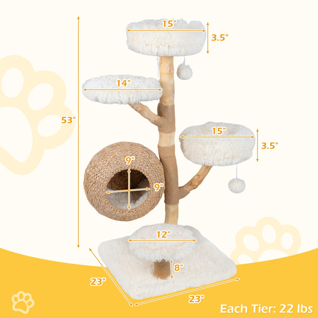 5-Tier Wooden Cat Tree with Woven Condo Plush Perches Jute Posts & Balls