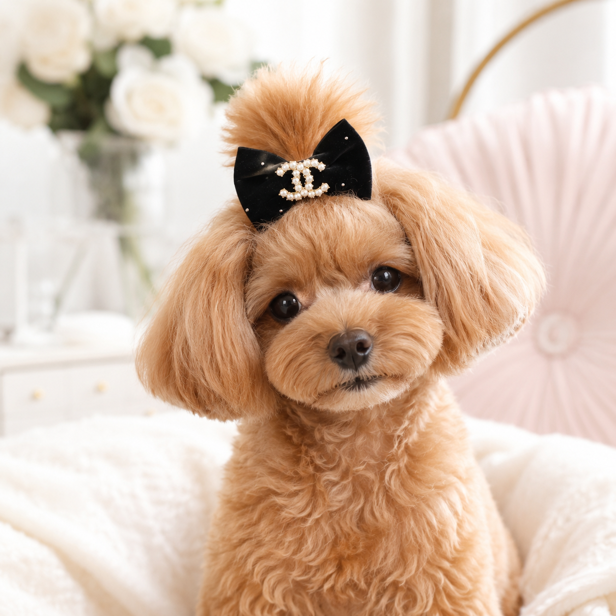 Luxury Velvet Dog Hair Bow Handmade Pet Hair Clip Rhinestone Pearl Bow Grooming Top Knot Accessory for Dogs & Cats Black